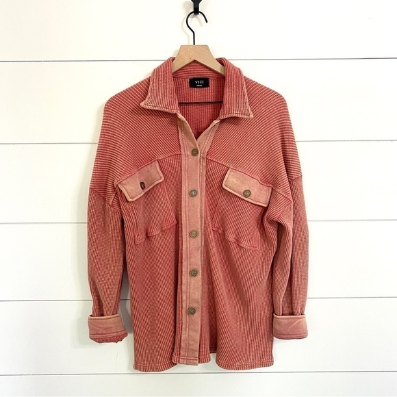 Vici Oversized Waffle Knit Button Down Shacket Shirt in Dusty Rose, Size Small - Picture 5 of 8